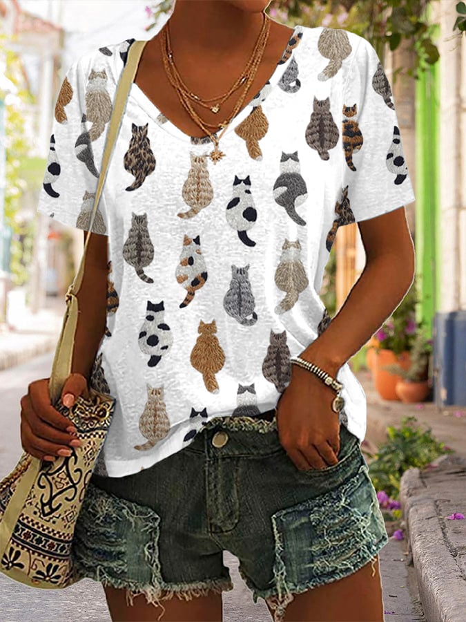 Women'S Cute Cats Embroidery Print T-shirt