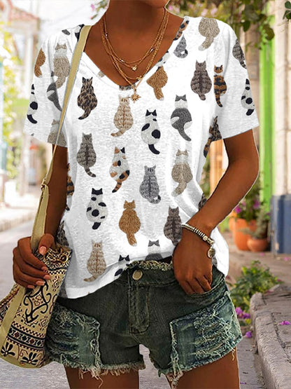 Women'S Cute Cats Embroidery Print T-shirt