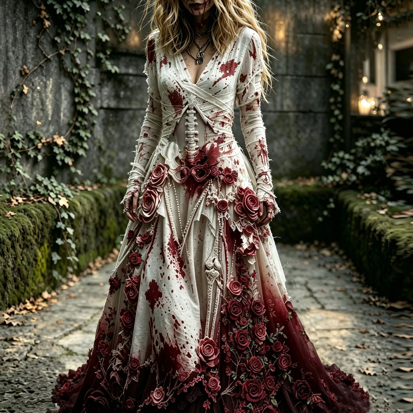 Women's Retro Halloween Bloody Zombies Bride Floral Gradient Pattern Maxi Dress