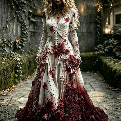 Women's Retro Halloween Bloody Zombies Bride Floral Gradient Pattern Maxi Dress