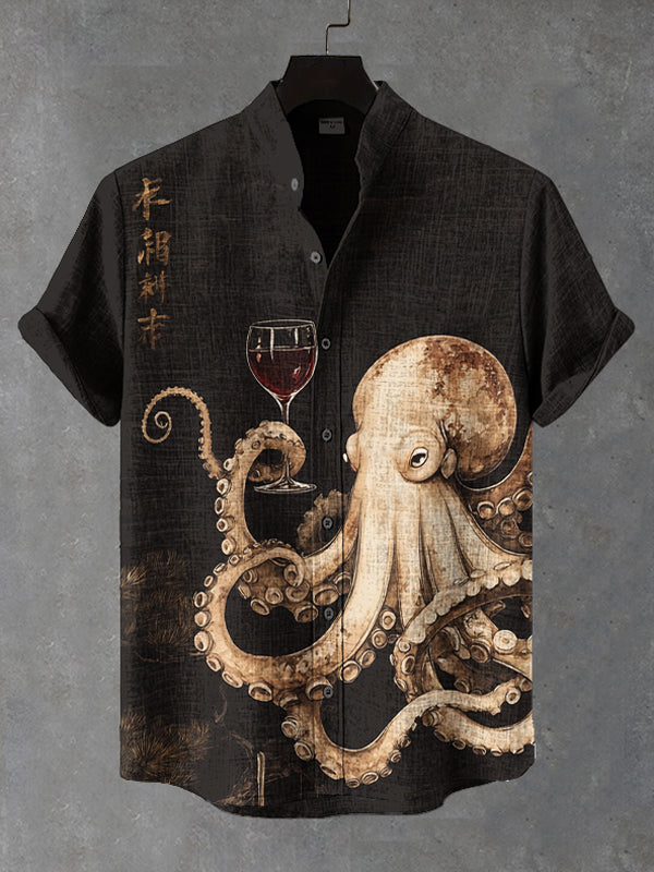 Men's Octopus Drinking Red Wine Art Print Casual Shirt