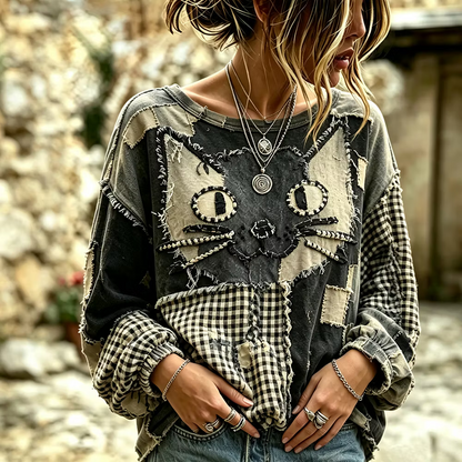 Women's Retro-style Patchwork Long-sleeved Shirt, Decorated With Black Cat Face Print And Plaid Pattern.