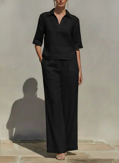 Women's Solid Cotton Linen Two-Piece Set