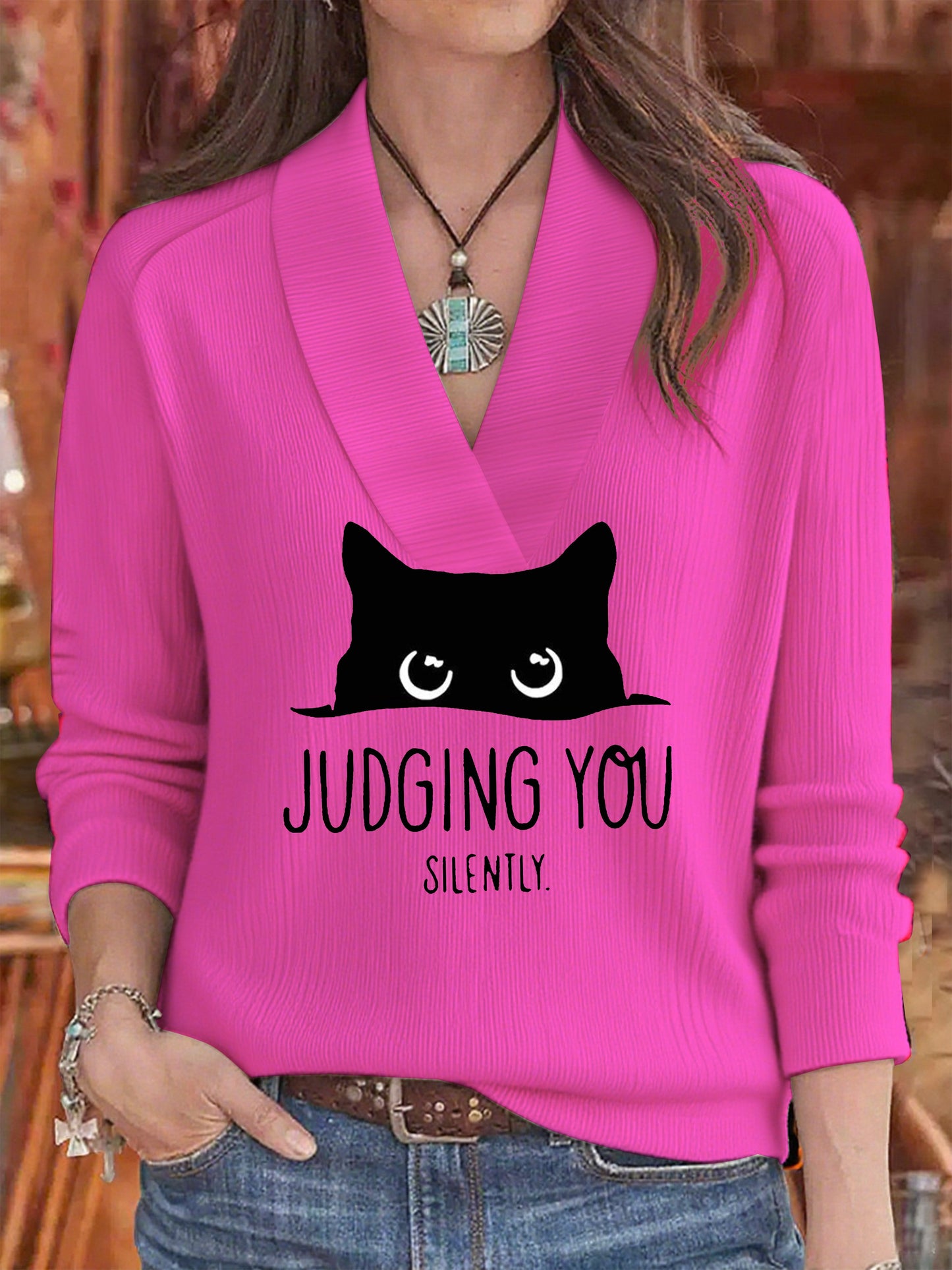 Women's Fall Look Black Cat Halloween Print Casual V-Neck Top