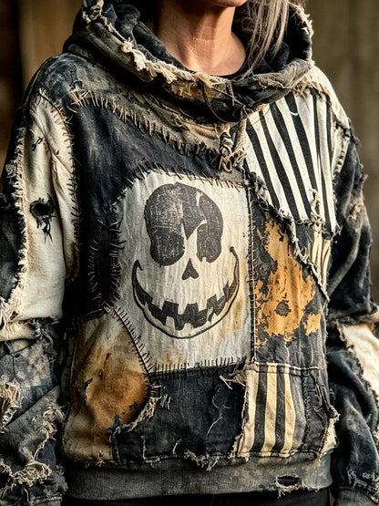 Women's Retro Halloween Skull And Smiley Face Pattern Distressed Hooded Sweatshirt