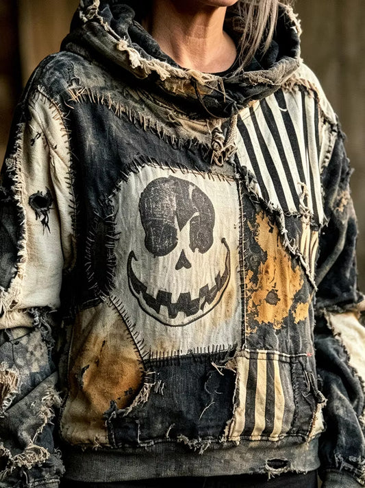 Women's Retro Halloween Skull And Smiley Face Pattern Distressed Hooded Sweatshirt