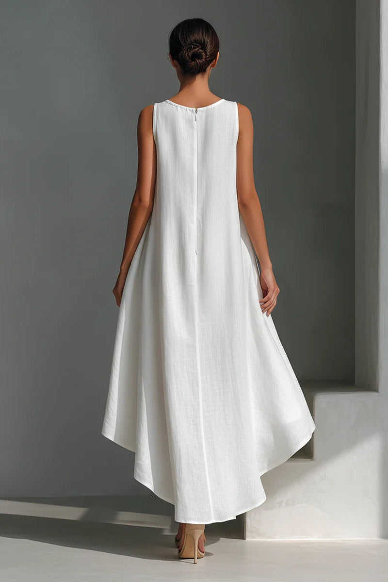 Women's White Linen Fabric Sleeveless Midi Dress With Round Neck & Asymmetric Hem
