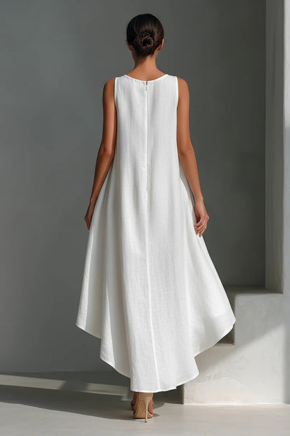 Women's White Linen Fabric Sleeveless Midi Dress With Round Neck & Asymmetric Hem