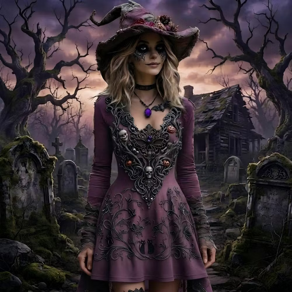 Women’s Gothic V-neck Long Sleeve Dress With Skull, Pumpkin, And Cat Embroider