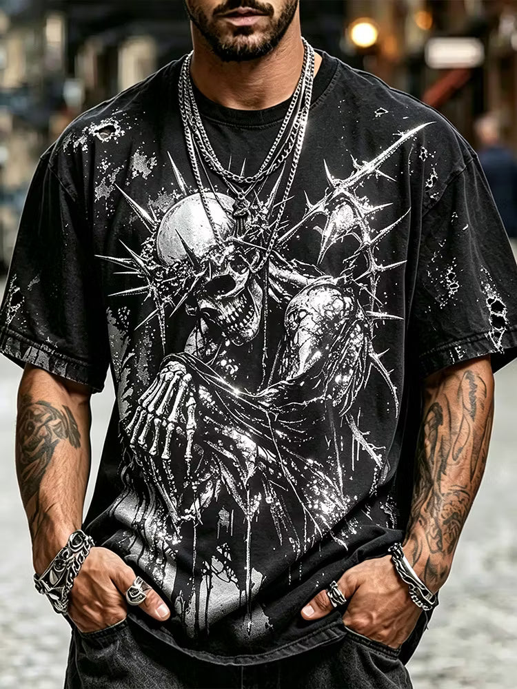 Men's Vintage Distressed Thorn Skull Jesus Pattern Street Style Round Neck Top