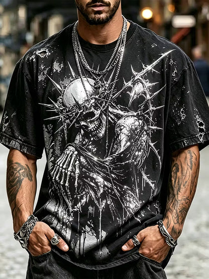 Men's Vintage Distressed Thorn Skull Jesus Pattern Street Style Round Neck Top
