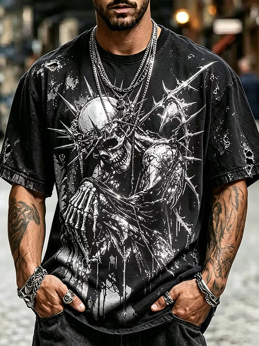 Men's Vintage Distressed Thorn Skull Jesus Pattern Street Style Round Neck Top