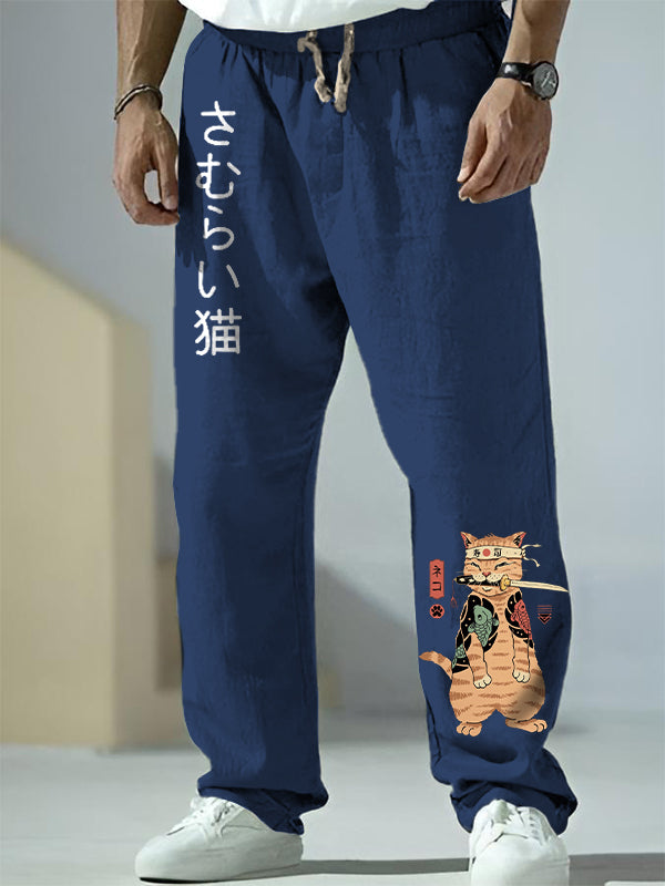 Men's Japanese Sushi Samurai Cat Graphic Print Casual Pants