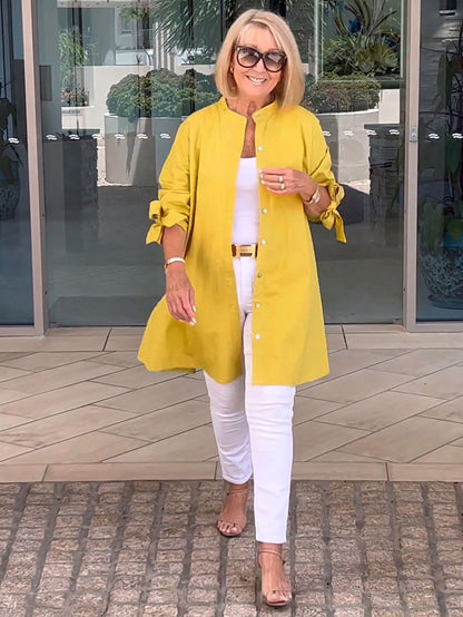 Solid Color Long Cotton Shirt Jackets Women Swing Shap Flattering
