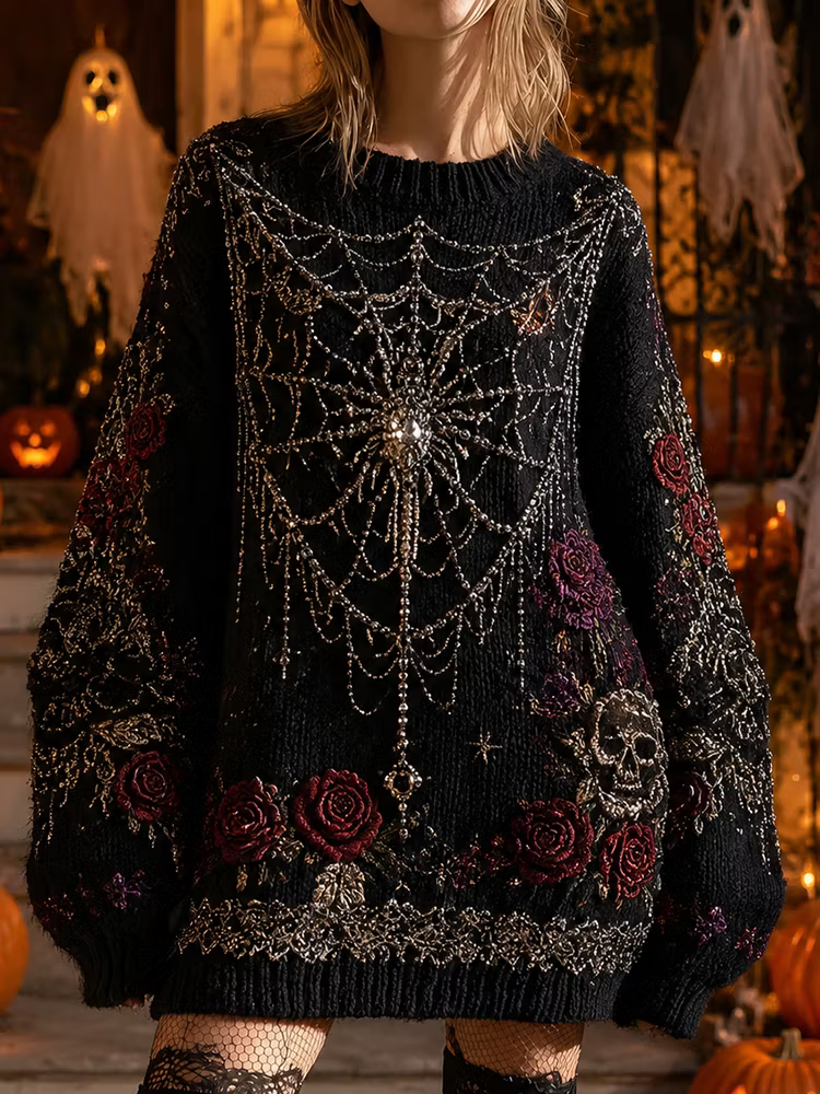 Women's Halloween Gothic Black Spiderweb, Roses & Skull Embroidered Long Knit Sweater