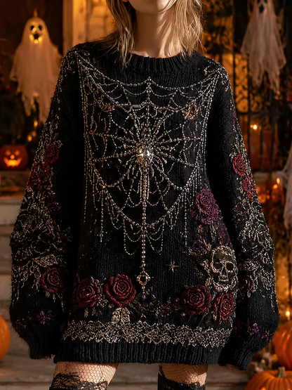 Women's Halloween Gothic Black Spiderweb, Roses & Skull Embroidered Long Knit Sweater