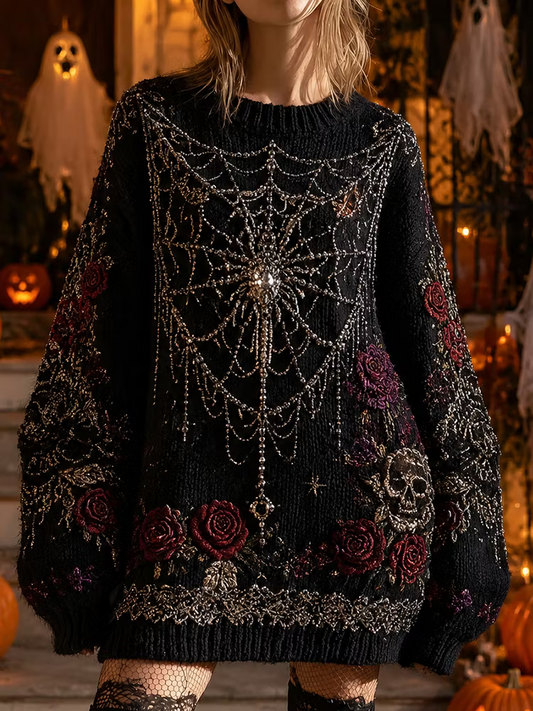 Women's Halloween Gothic Black Spiderweb, Roses & Skull Embroidered Long Knit Sweater