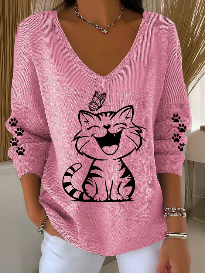 Women'S Cat and Butterflies Print Knitted Top