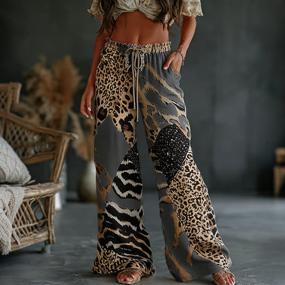 Women's  Leopard And Animal Patchwork Art Print Flowy Linen Blend Casual Pants