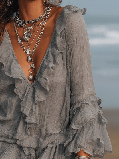 Soft Ash Boho Ruffle Mini Dress