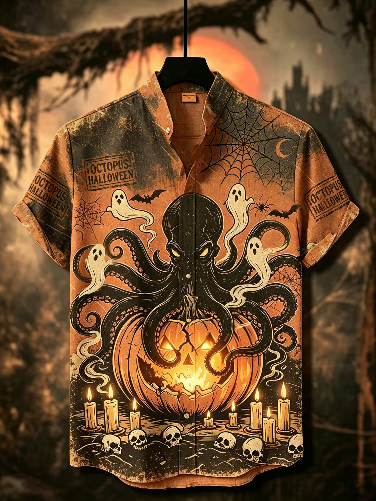 Men's Halloween Vintage Dark Octopus With Pumpkin Art Short Sleeve Shirt