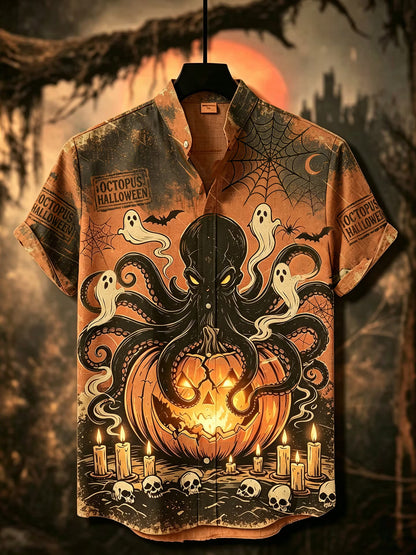 Men's Halloween Vintage Dark Octopus With Pumpkin Art Short Sleeve Shirt