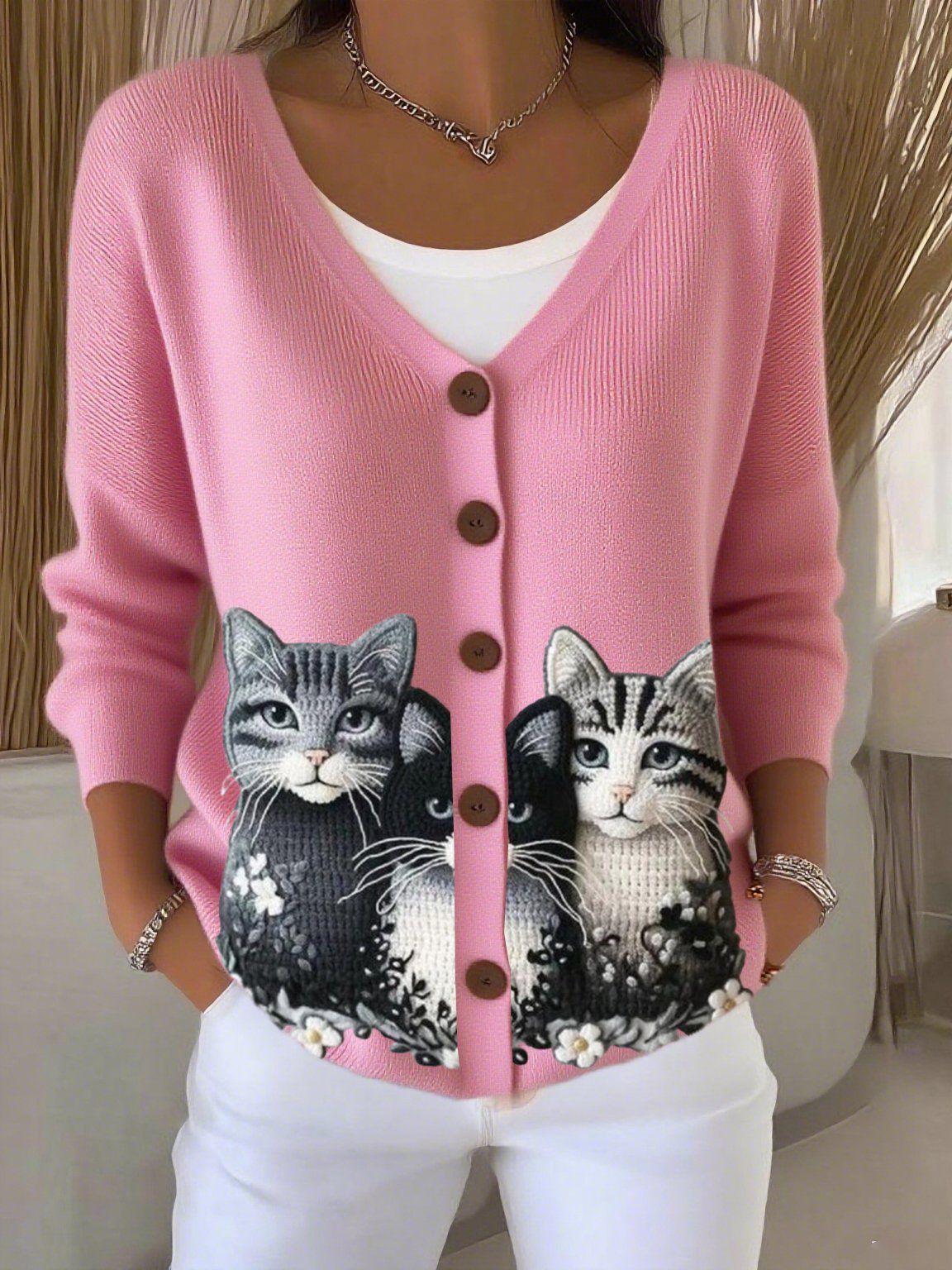 Women's cat print casual cardigan