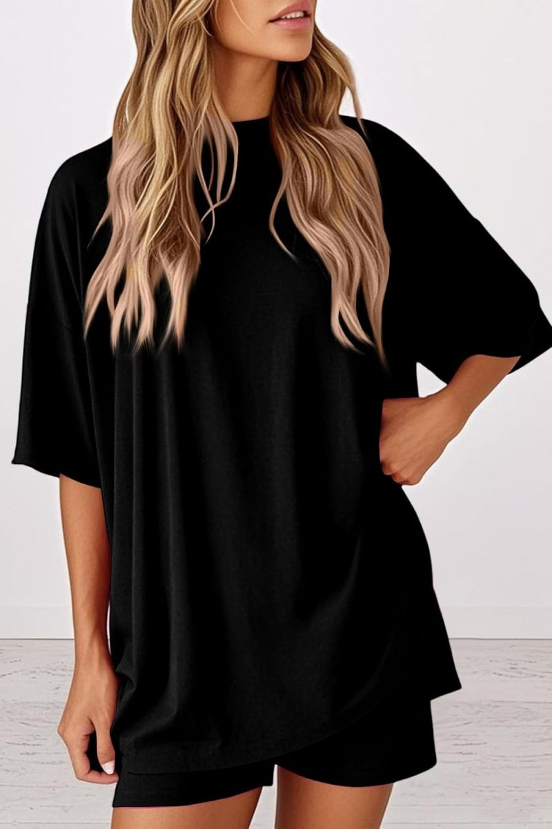 Women 2 Piece Outfits Crew Neck Oversized Tshirts and Biker Shorts with Pocket Matching Lounge Sets