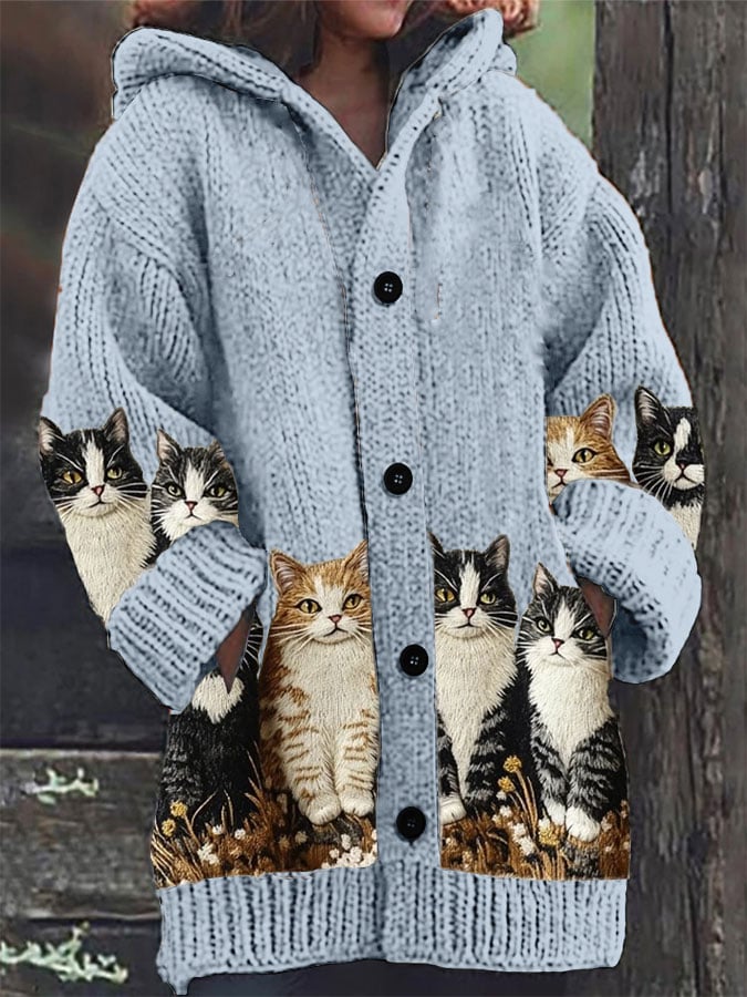 Women's Retro Cat Print Sweater Jacket