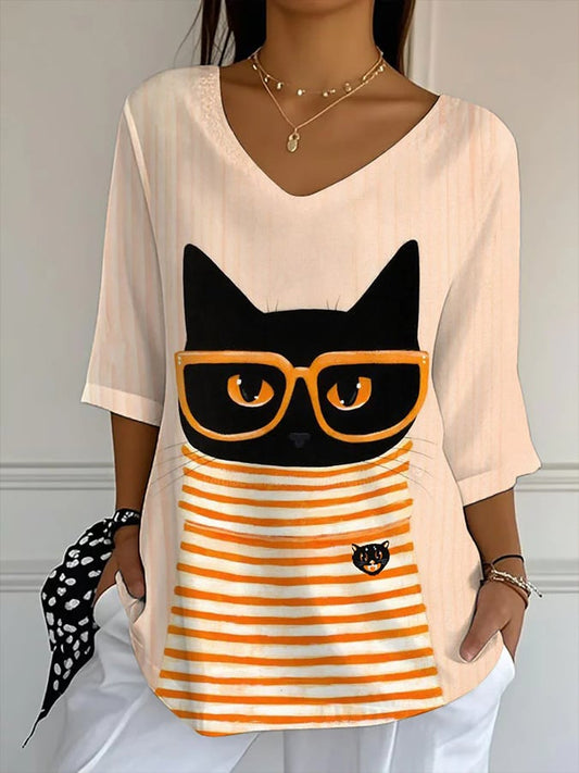 Women'S Autumn Cozy Cat in Clothes Print T-Shirt