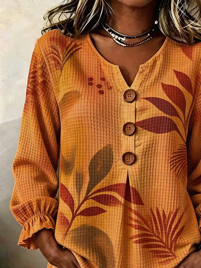 Women's Casual Waffle-Knit Printed Top