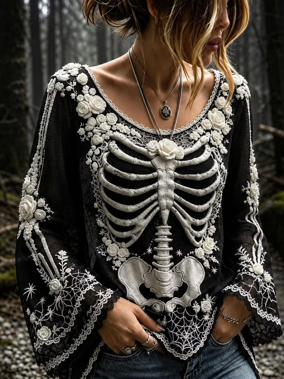 Women's Women's Retro Gothic Spider Skull Floral Pattern Cotton And Linen Shirt