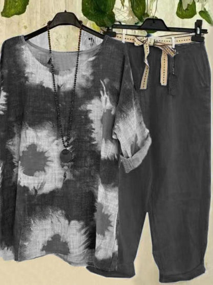 Blue Printed Top And Pants Two-Piece Set