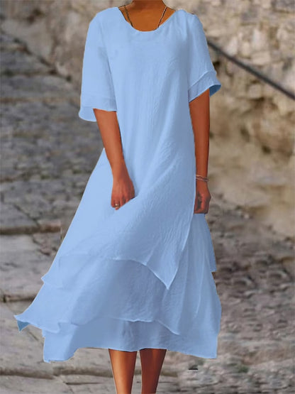 Polyester Cotton Double-Layer Color-Block Slit Short-Sleeved Round Neck Dress