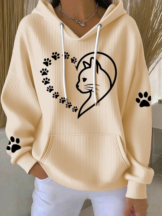 Women's Heart Paw Print Casual Hoodie Sweatshirt