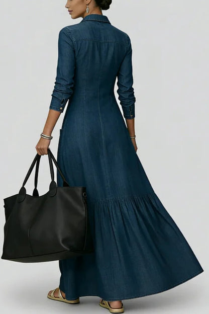 Women's Casual Shirt Collar Long Sleeve Pocket Single Breasted Denim Maxi Dress