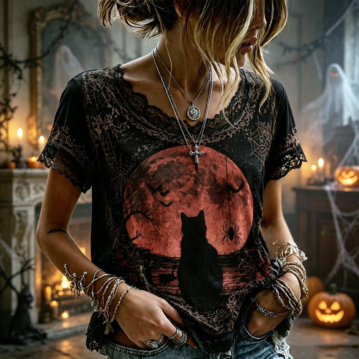 Women's Retro Bohemian Style Halloween Cat And Blood Moon Print Top