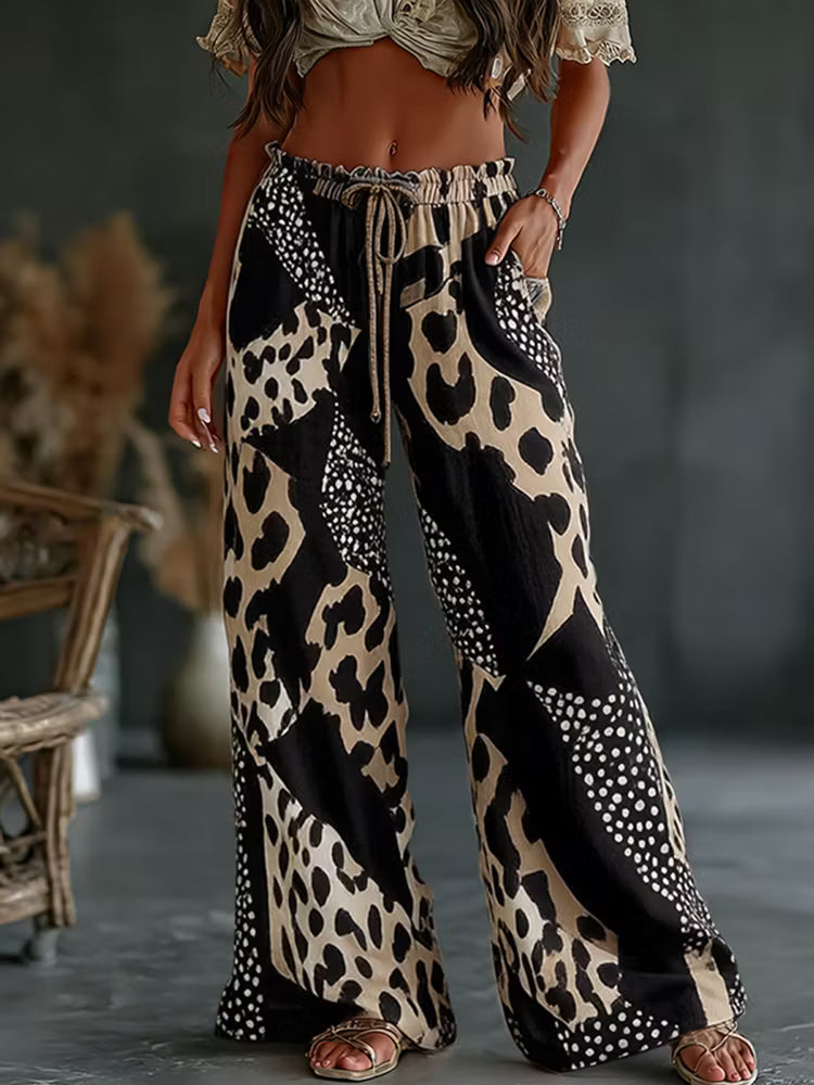 Women's Vintage Leopard And Animal Patchwork Art Print Flowy Linen Blend Casual Pants