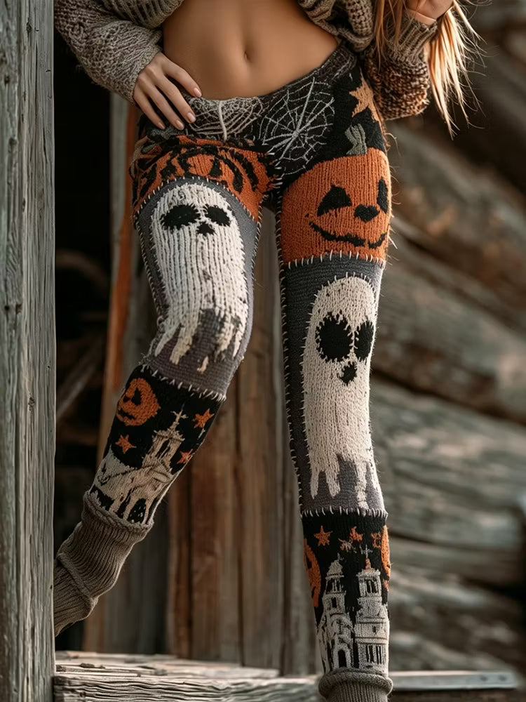 Halloween Ghost And Pumpkin Art Casual Knitted Leggings