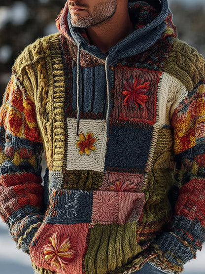 Men's Retro Floral Plant Graphic Patchwork Japanese Art Print Casual Knit Hoodie