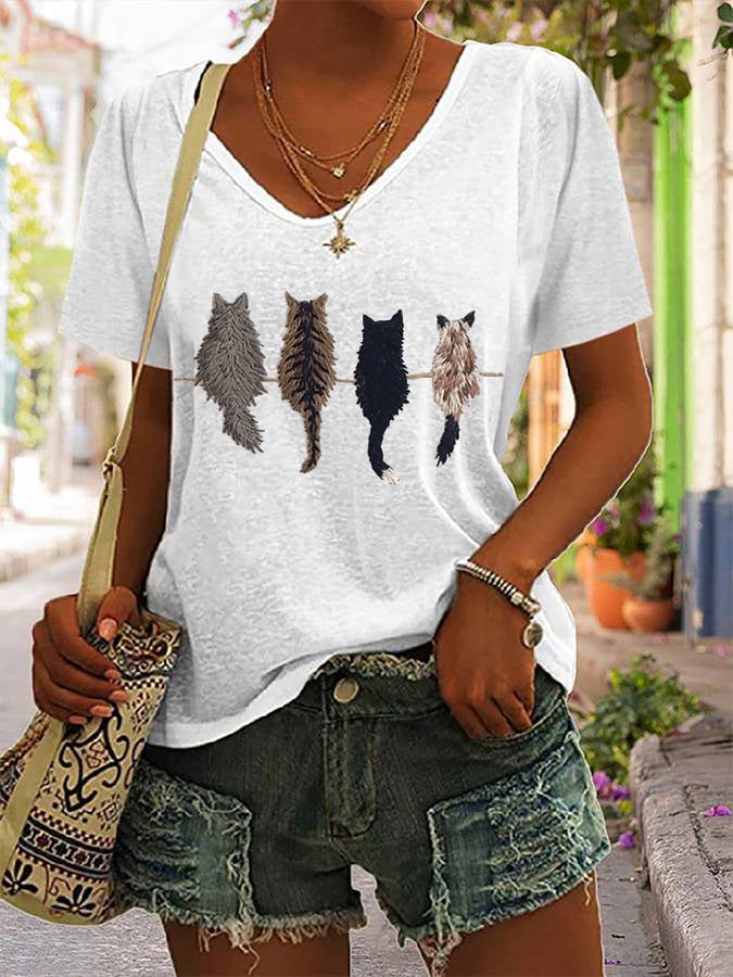 Women's Cat Back Print V-Neck T-Shirt