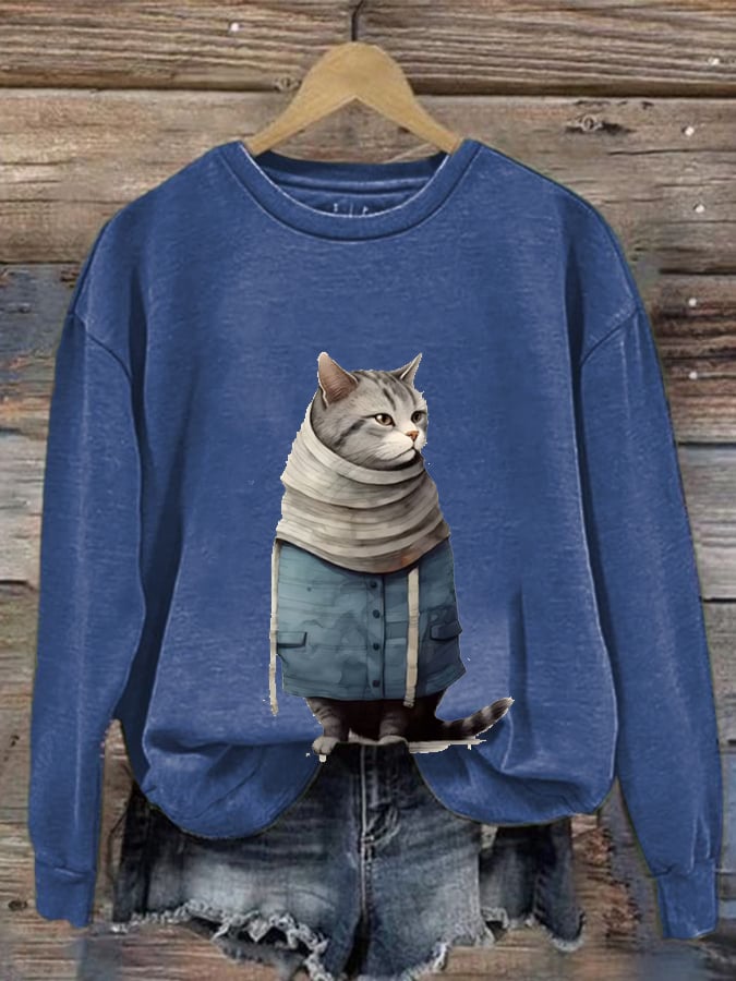 Women'S Winter Art Cat Print Crew Neck Casual Sweatshirt