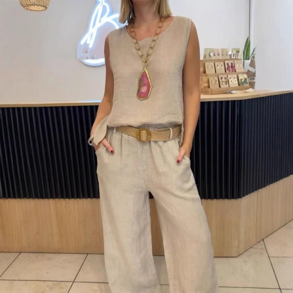Women's Fashion Casual Surface Trim V-Neck Pants Suit Two-Piece Set
