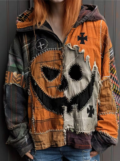 Halloween Horror Face Patchwork Stitched Comfortable Cotton Linen Casual Hoodie