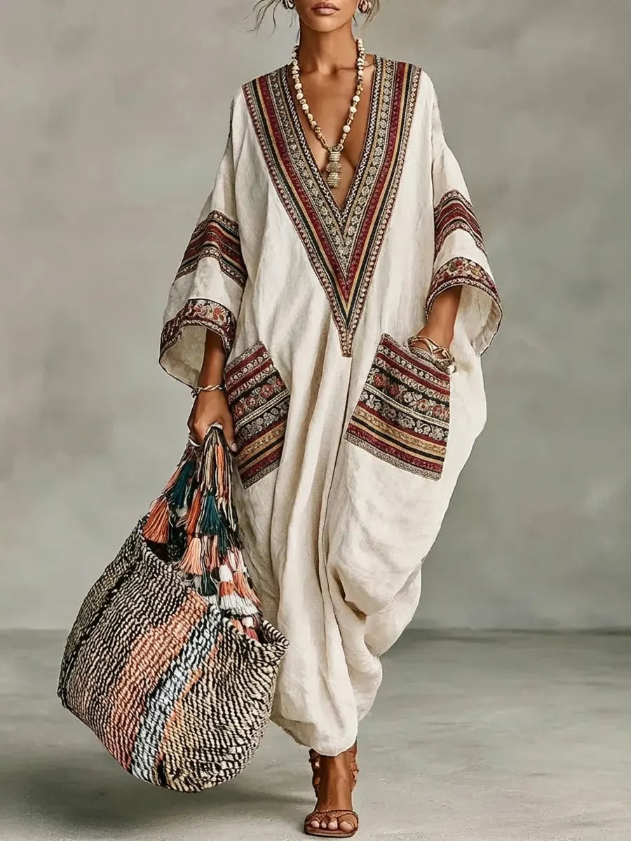Women's Retro Ethnic Art Casual Vacation Cotton Linen Maxi Dress