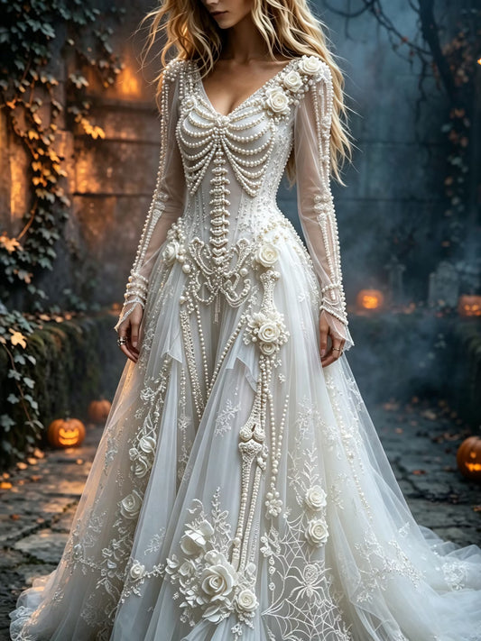 Women's Halloween Gothic Skeleton & Floral Long-sleeve Maxi Dress