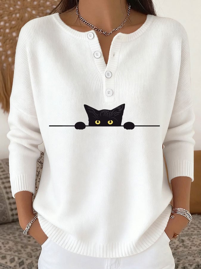Women's Casual Cat Print Knit Top