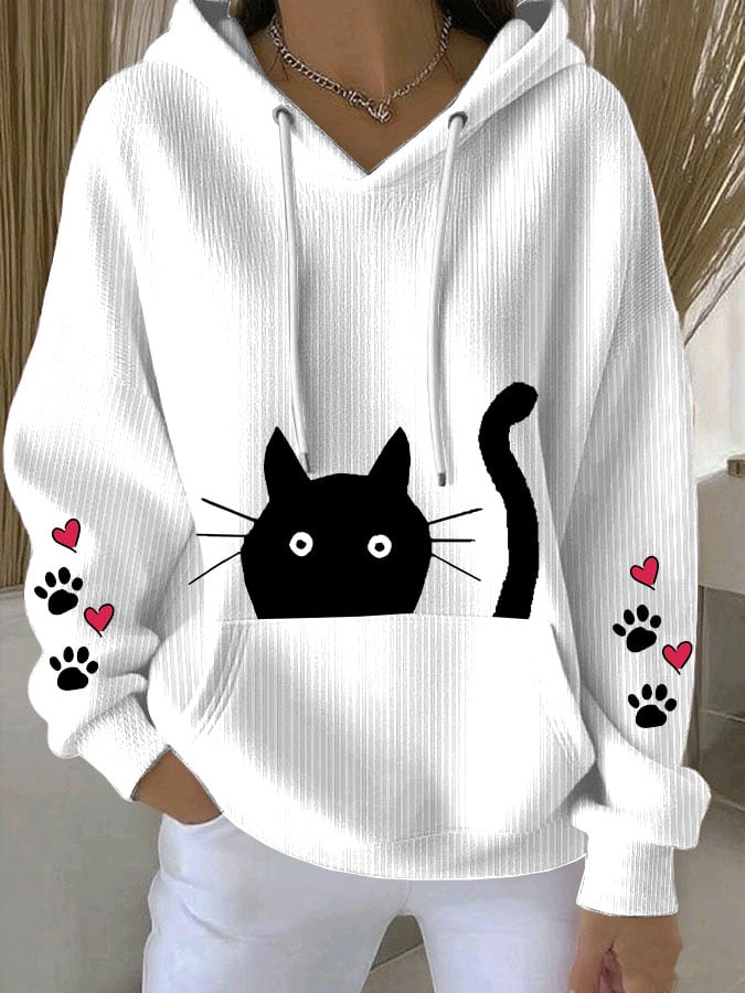 Women's Retro Animal Cat Paw Print Casual Hoodie