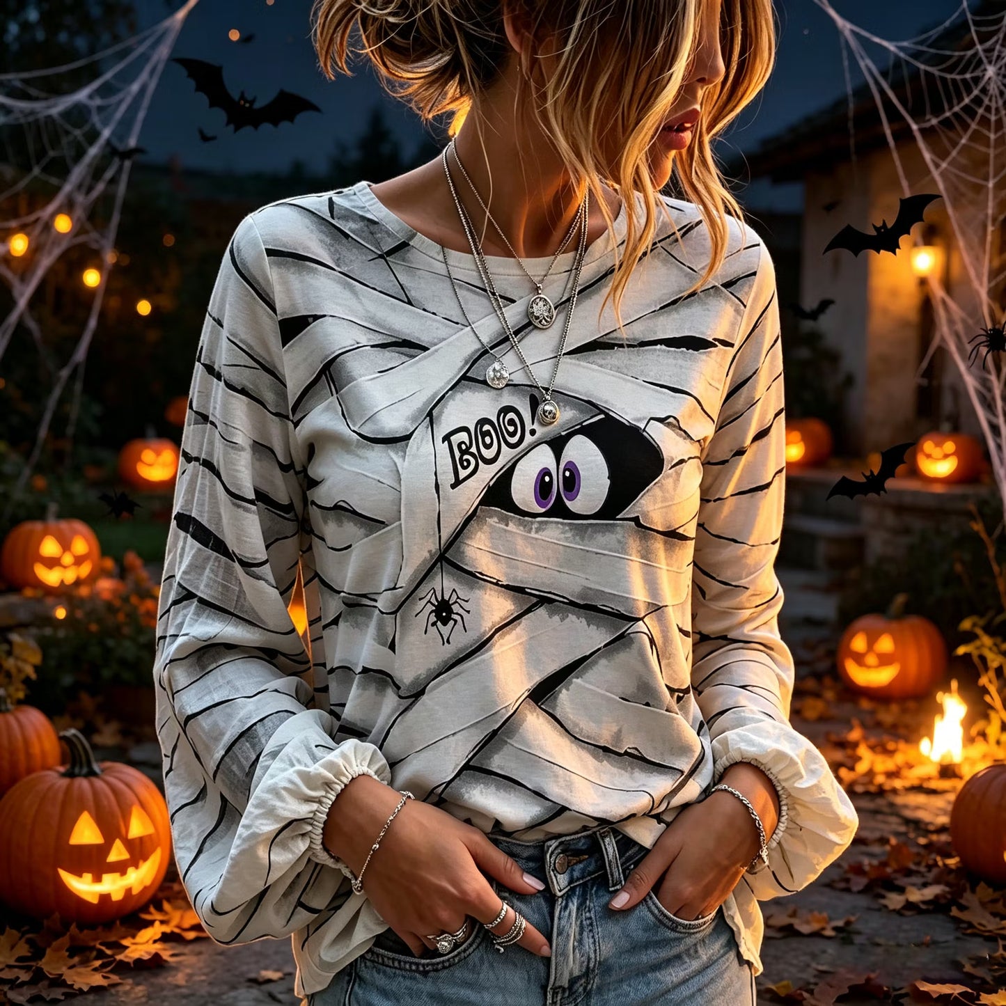 Women's Halloween Spider Strap Print Crew Neck Long Sleeve T-shirt