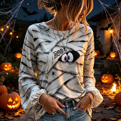 Women's Halloween Spider Strap Print Crew Neck Long Sleeve T-shirt